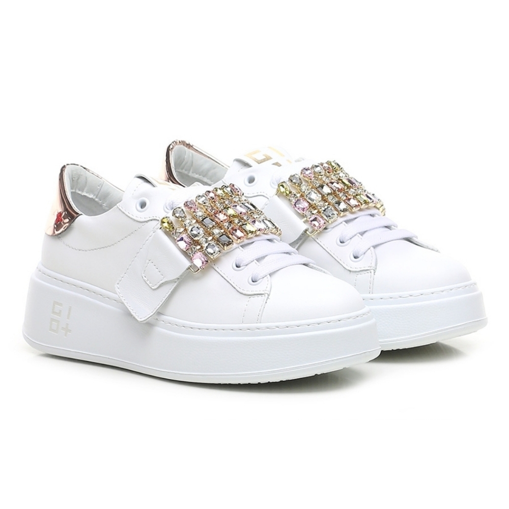 GIO+ Women's Sz US 8 EU 39 White Leather with Rose Gold Gems Sneakers/Shoes